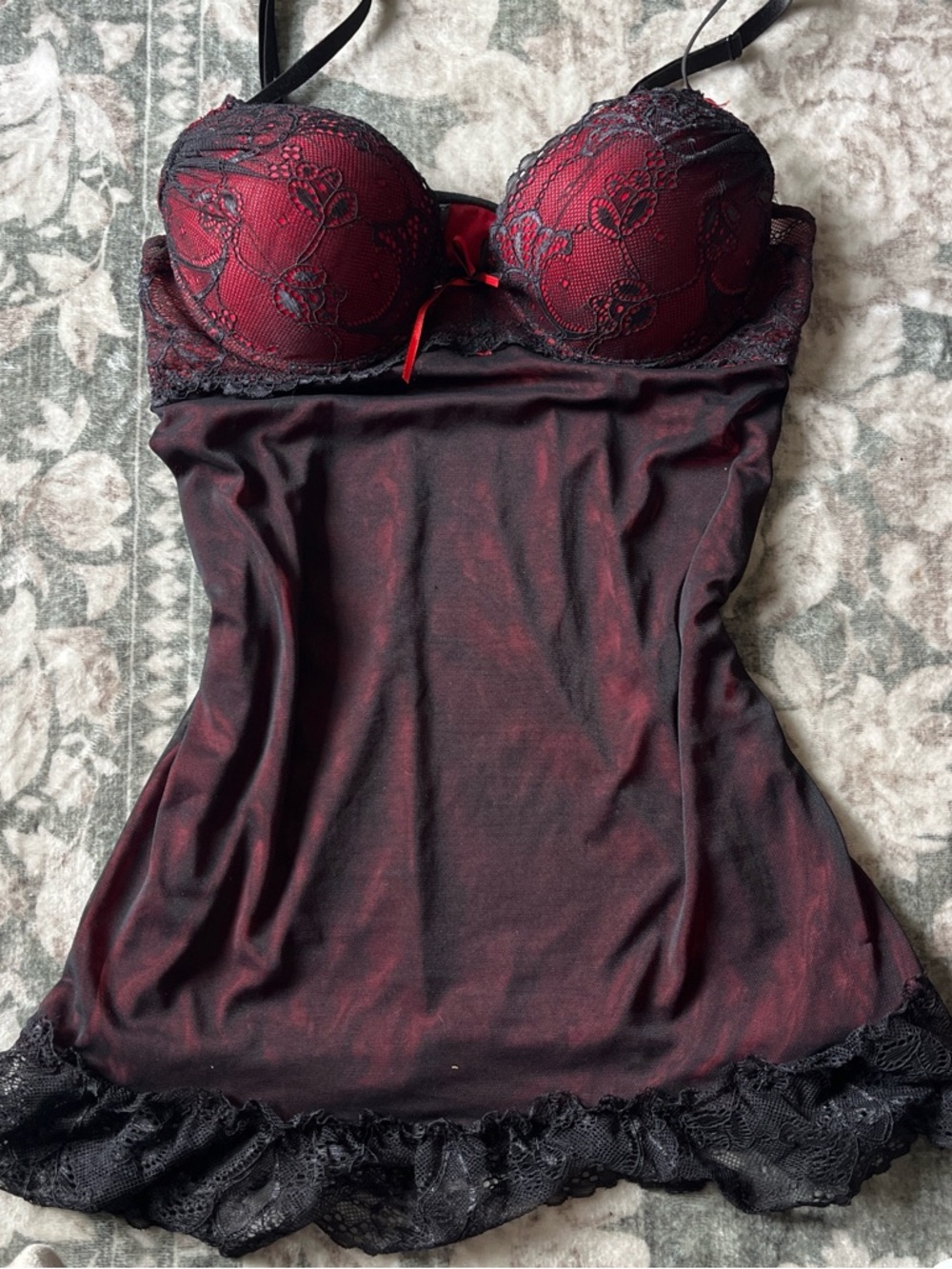 Red Lace Chemise Nightdress with Black Trim